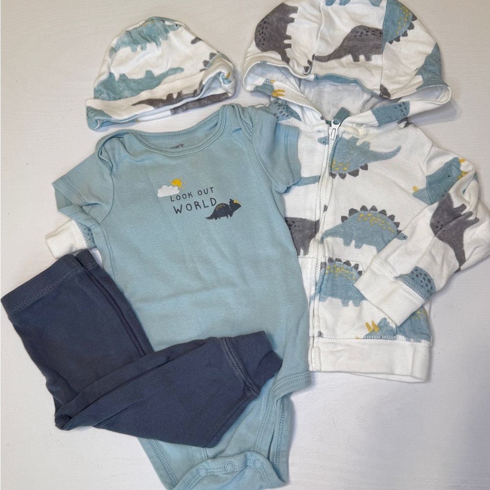 Carter's 9 month’s Blue Gray Dinosaur Matching Set zip up hat pants